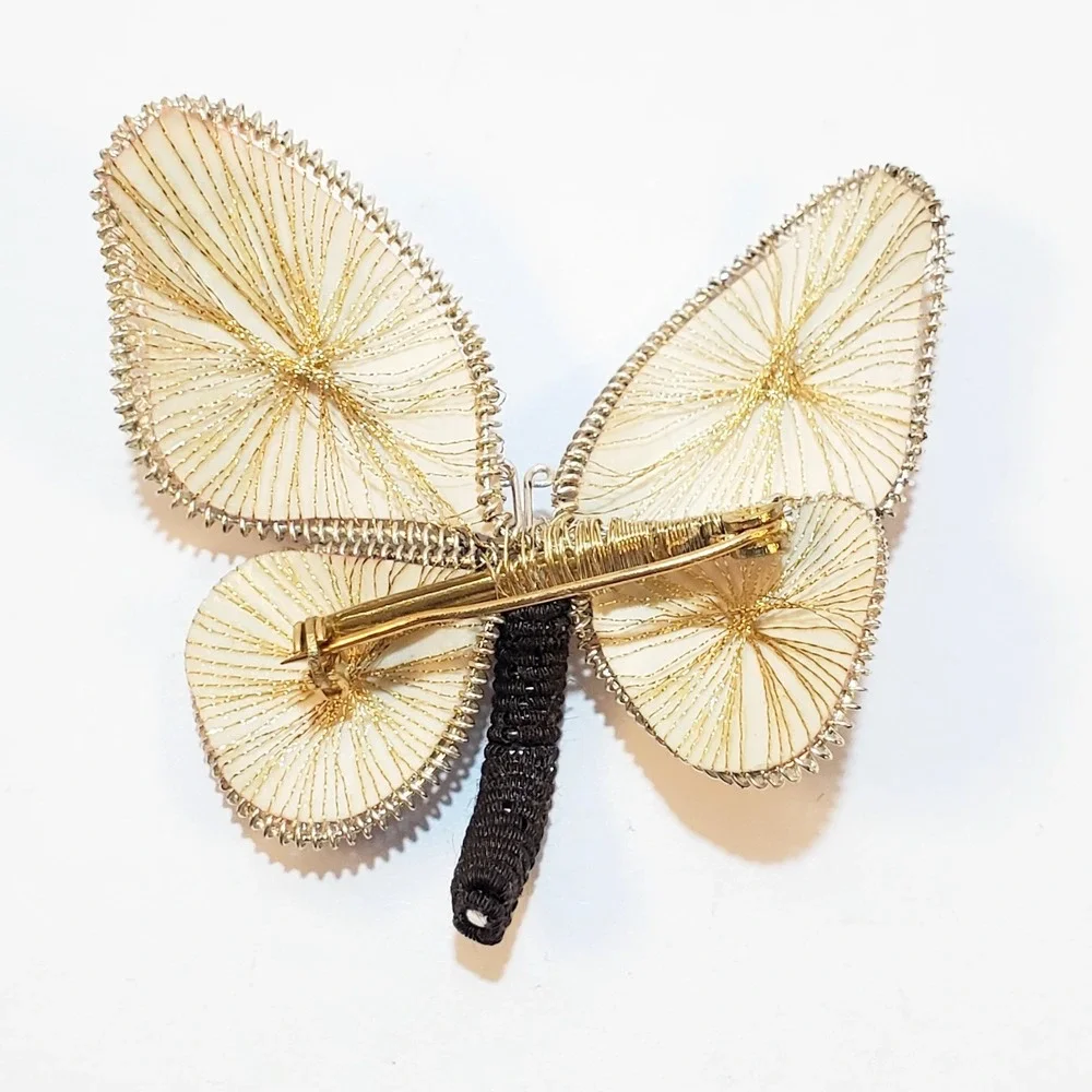 Vintage Wire Wrapped Butterfly Brooch Pin Gold & Multi-Color Thread Hand Crafted